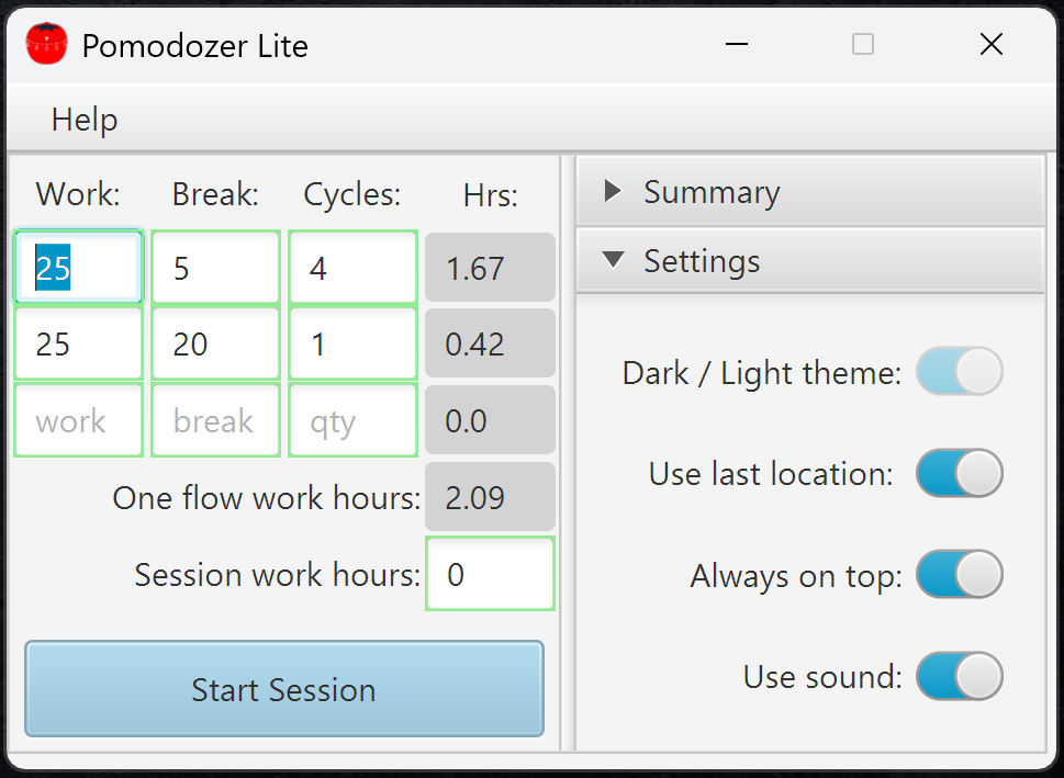 pomodozer lite settings